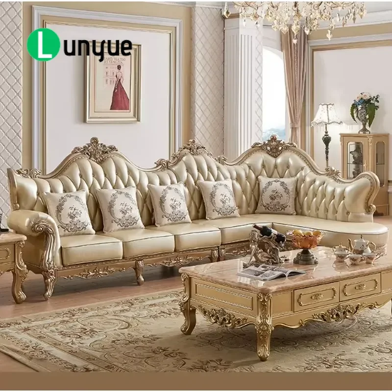 Luxury European Leather L Shaped Sofa Solid Wood Carving Champagne Gold Frame Modern Living Room Villa Home Furniture