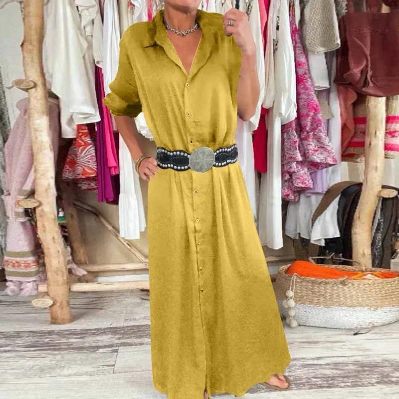 ฤดูใบไม้ร่วงแขนยาวเสื้อกระดุมแถวเดียวชุดผู้หญิง Elegant Turn-Down COLLAR ชุดยาวฤดูใบไม้ผลิ Casual Bohemian Maxi ชุด