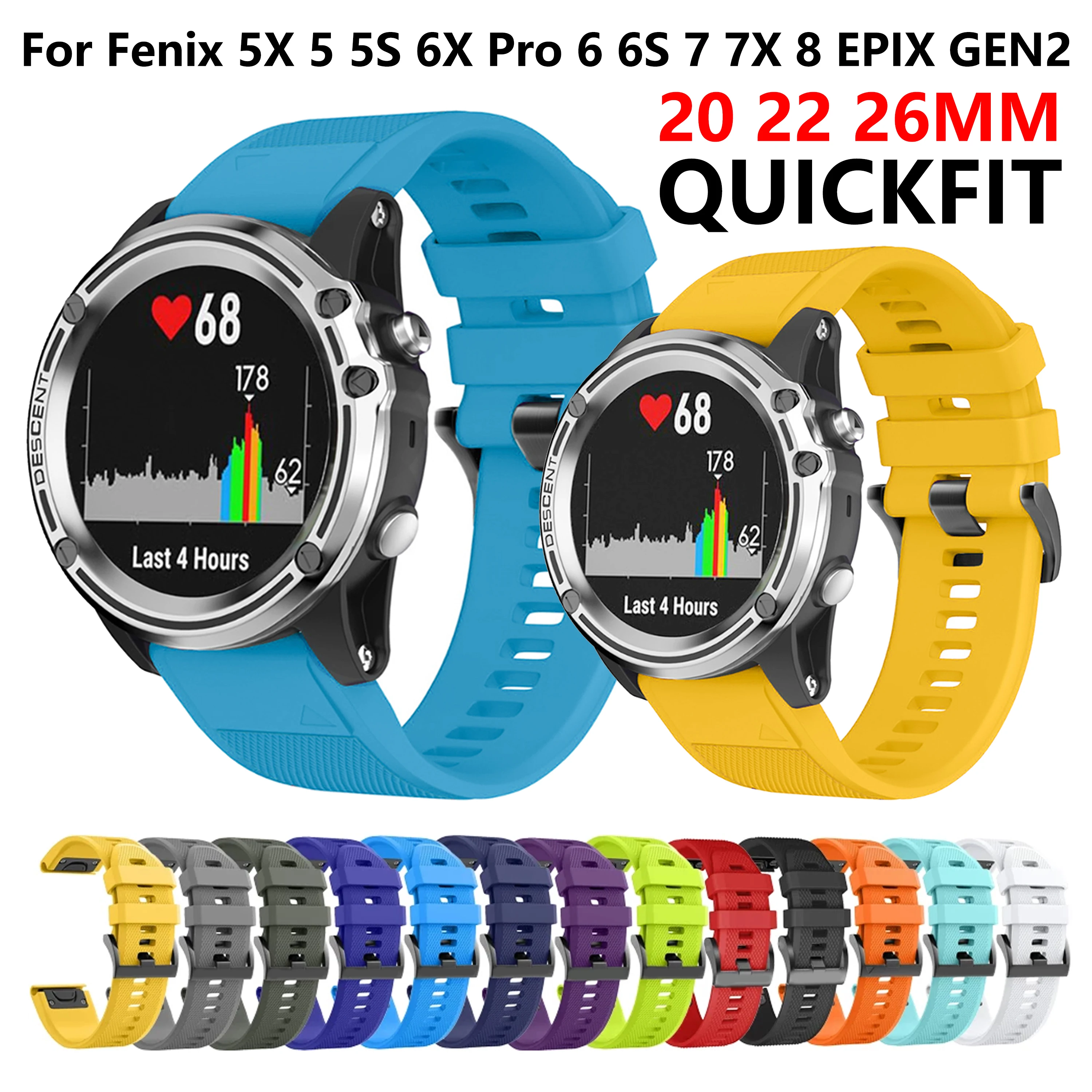 

20mm 22mm 26mm Silicone Strap for Garmin Fenix 5X 5 5S Plus Smart watch band Bracelet for Fenix 6X Pro 6 7 7X 7S 8 47mm QuickFit