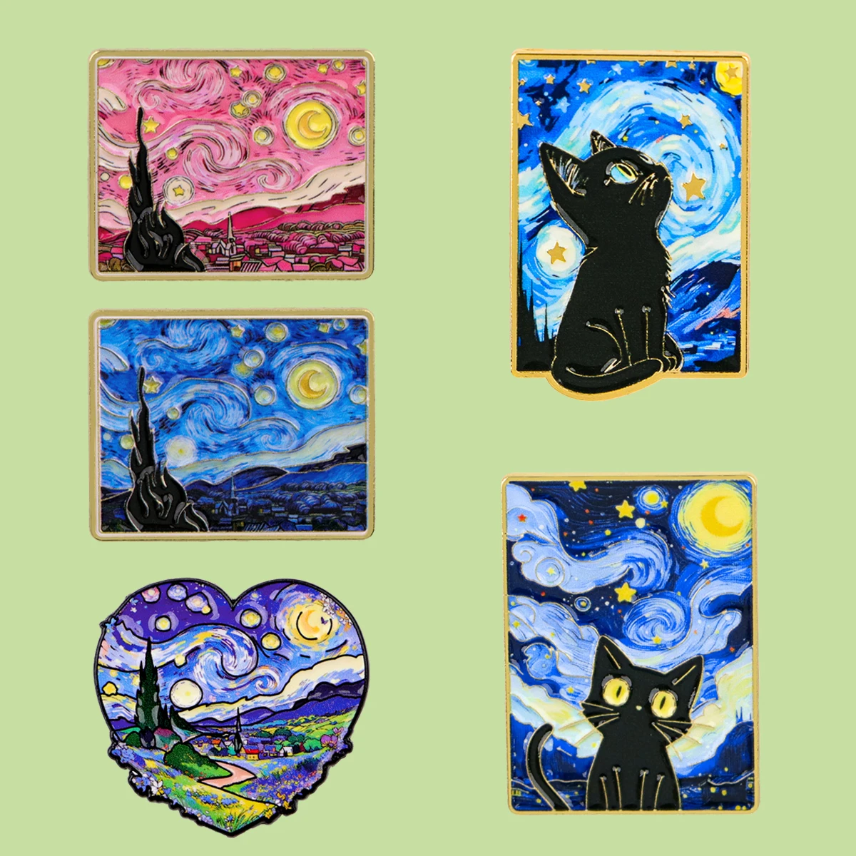 Broches de esmalte de gatos negros lindos con motivos de pinturas al óleo de Van Gogh, insignias para ropa, bolsos y solapas, joyería para mujer y hombre, regalo para amigos