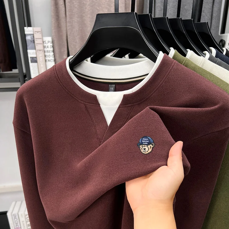 Korean-Style Trend Men‘s New Long-Sleeved T-Shirt Color Blocking False Two-Piece Round Neck Embroidery Hot-Selling Men's Wear