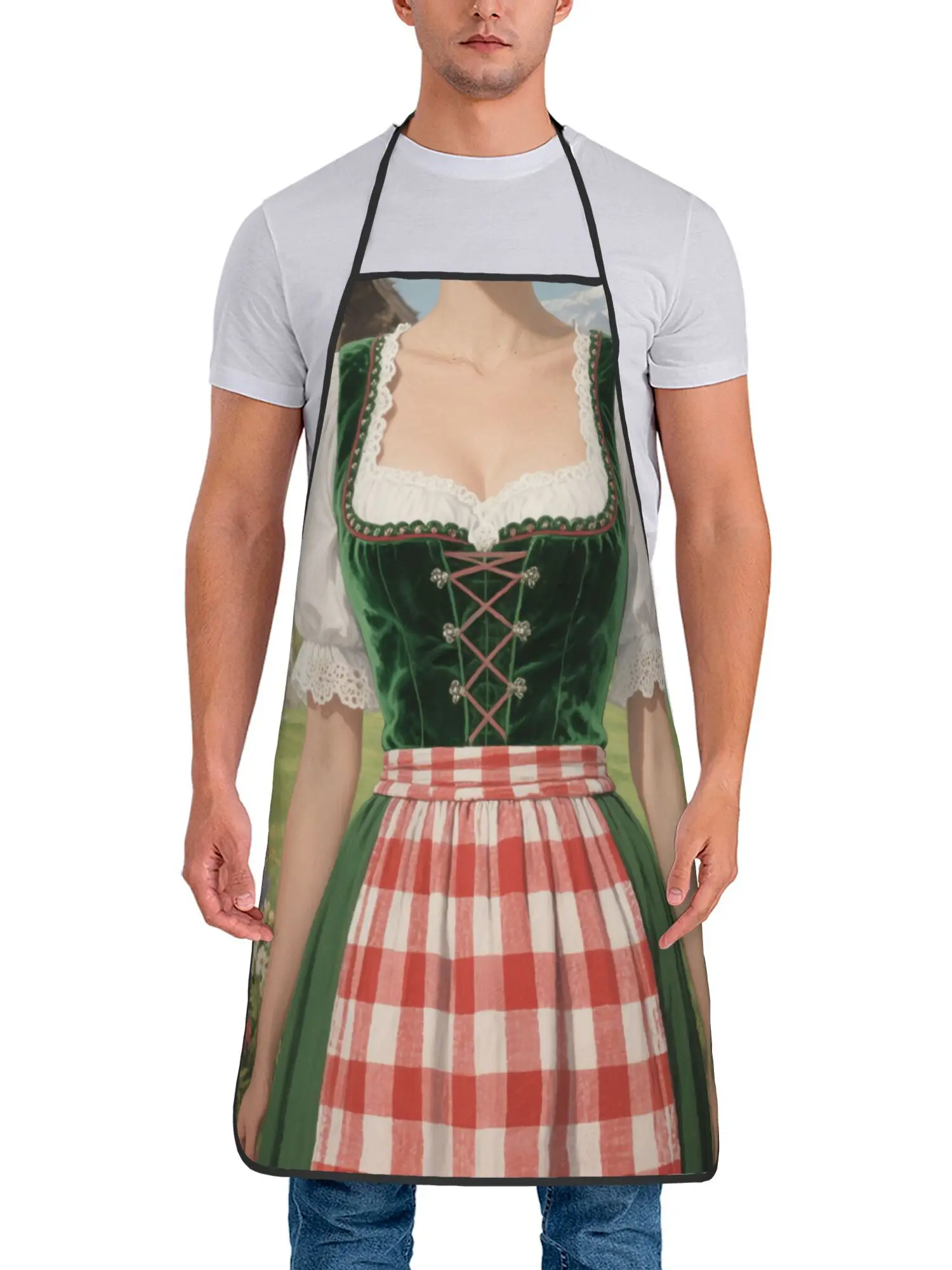 Oktoberfest Dirndl Apron – Realistic Bavarian Dress Print, Red/White Check + Green Bodice, Polyester, Unisex, No Pocket