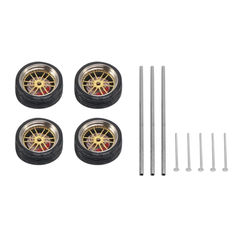 4Pcs 1/64 Modified Wheels Rubber Tires With Brake Disc Axles And End Cap Upgrade Parts For RC Model Car