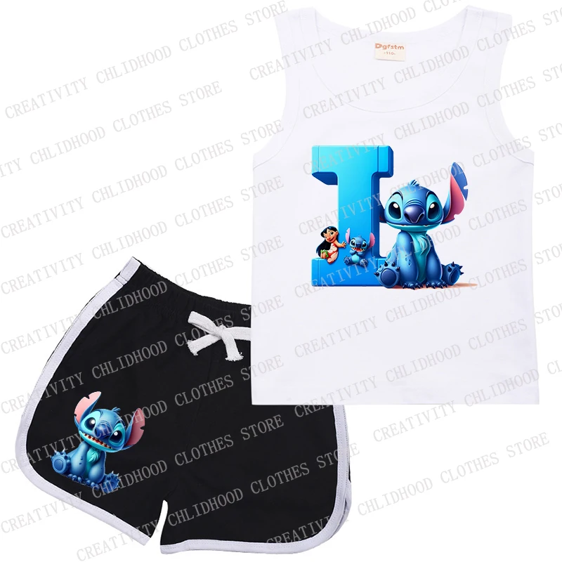 Terno de letras de ponto infantil, A, B, C, D roupas esportivas, sem mangas casuais, menina, colete e shorts, roupas infantis, verão, novo, conjuntos 2pcs