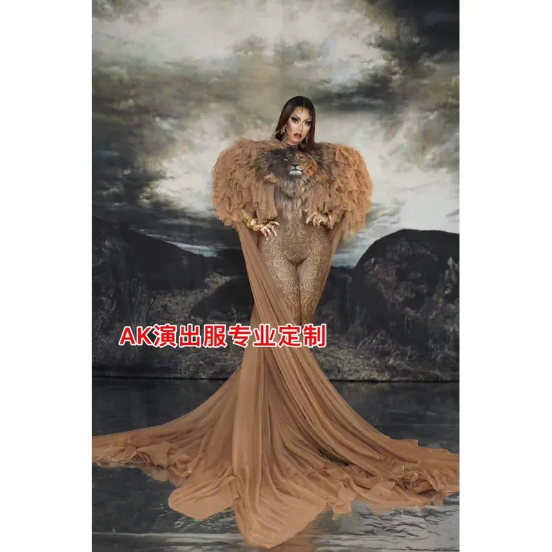 Lion King Print Jumpsuit Women Nightclub Bar Singer Dance Wear Fake Meat Pattern Atmosphere Trailing Romper Stage Performance