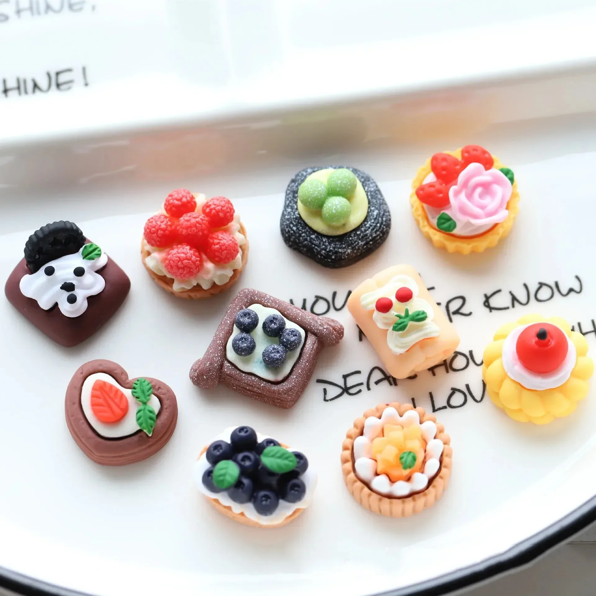 10Pcs Realistic Mini Dessert Resin Set, Chocolate Cream Fruit Cake Figurines, Blueberry Strawberry Matcha Rose Tiny Food Decor