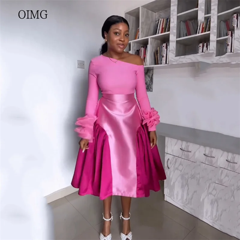 

OIMG Hot Pink One Shoulder A Line Prom Gowns Flowers Sleeves Party Gown Tea Length Evening Dress vestidos de gala Customized