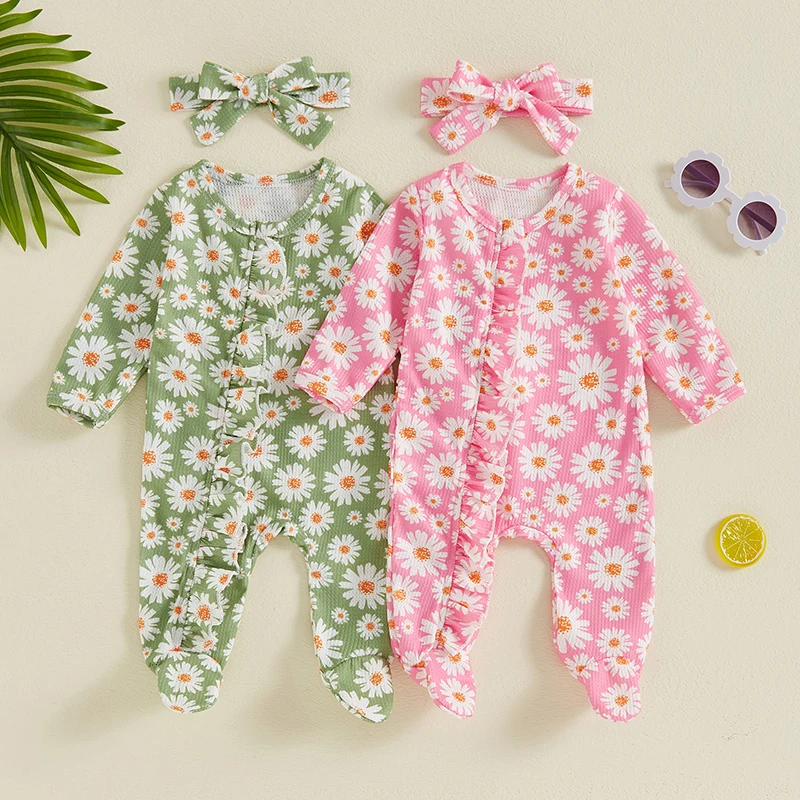 

Baby Girl Footed Romper Long Sleeve Round Neck Daisy Print Ruffled Full Length Jumpsuit Footies with Headband