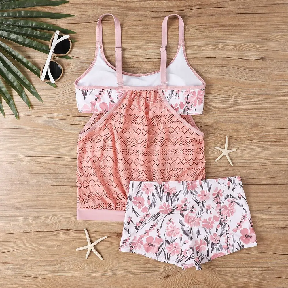 Fashion Flower Sleeveless Swimsuit Hollow Out Plus Size Two Pieces Swimwear Beachwear Camisole Shorts Swimming Pool
