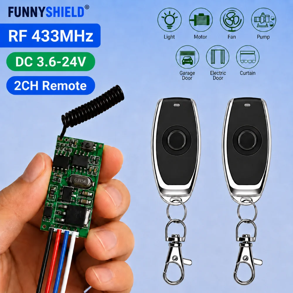 FUNNYSHIELD 433MHz Wireless Remote Control Switch DC 12V 18V 24V Mini Relay Module 100m Transmitter LED Light Controller DIY Kit