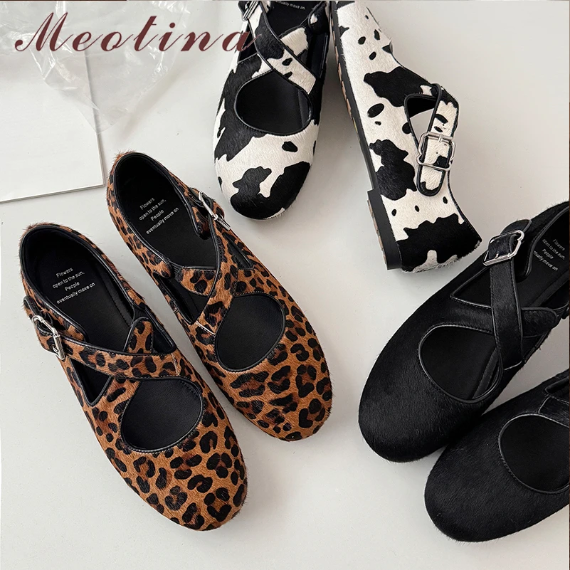 Meotina Women Genuine Leather Mary Janes Round Toe Flat Buckle Cross Strap Horsehair Glove Shoe Lady Fashion Shoes Spring Autumn