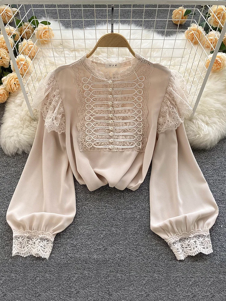 Autumn Spring New Fashion Chiffon Blouse Female Lace Ing Puff Sleeve Blusa Self-Cultivation Retro Buttoned Shirt KK1783