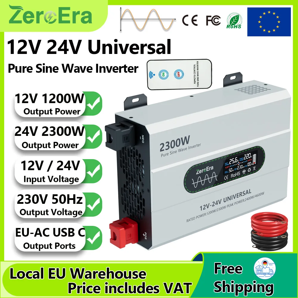 ZeroEra 12V/24V Dual-Voltage-Reiner-Sinus-Wechselrichter 1200W/2300W Ausgangsleistung zu AC 230V 50Hz für Wohnmobile, LKWs, Camping und Reisen mit EU-Steckdosen, Fernbedienung, LCD-Display,