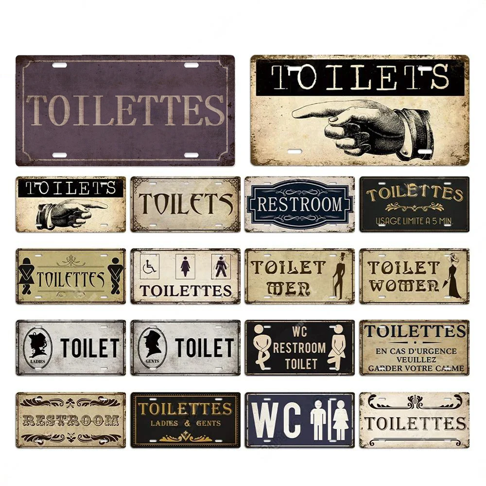 Restroom Metal Signs Wall Decor Plaque Metal Vintage License Plate for Home Bar Club Toilet Bathroom Restroom