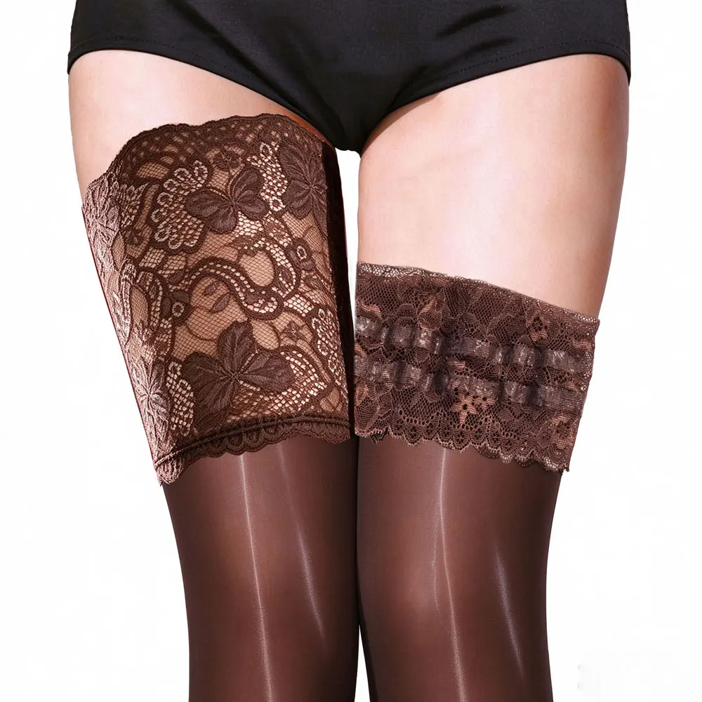 Long Lace 15cm With Double Layer Anti-slip Silicone Strip Thigh High Stocking Women's Oil Shiny Glossy Over the Knee Sock