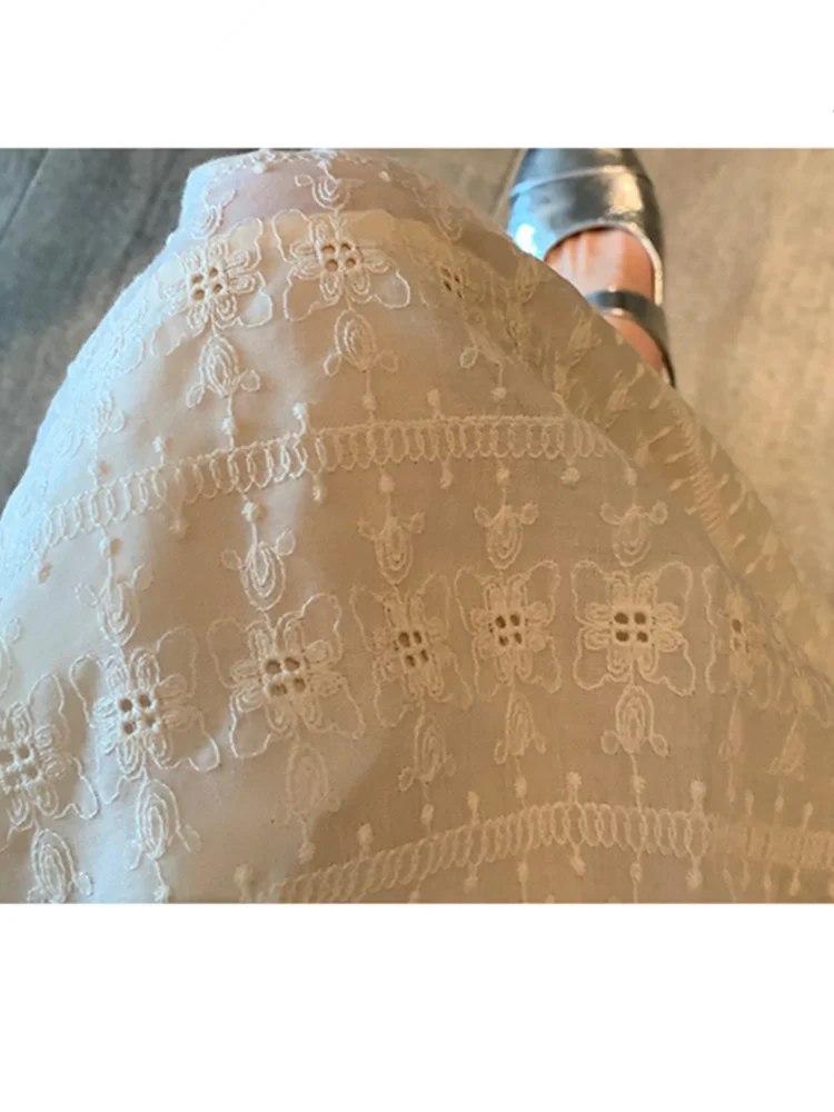 Korean Fashion Off-white Dress Women Summer Embroidered Midi Dress Female Elegant Vintage Loose Casual Puff Sleeve Party Dress