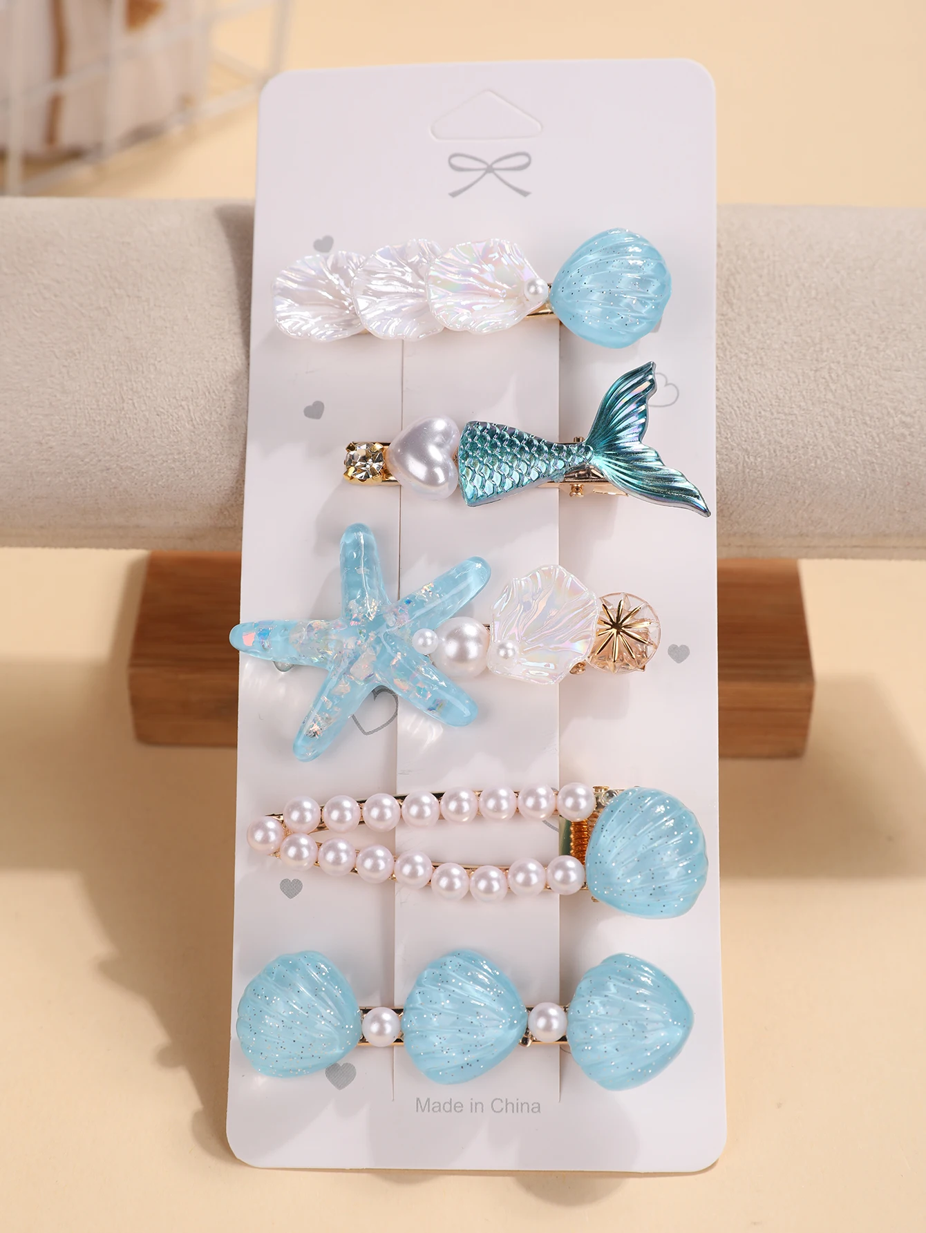 5-teiliges Set Blaue Haaraccessoires im Ozean-Stil - Meerjungfrauenschwanz, Muschel, Seestern und Perlen-Haarspangen - Niedliche Teenager-Seitenknoten-Accessoires – Detail 4