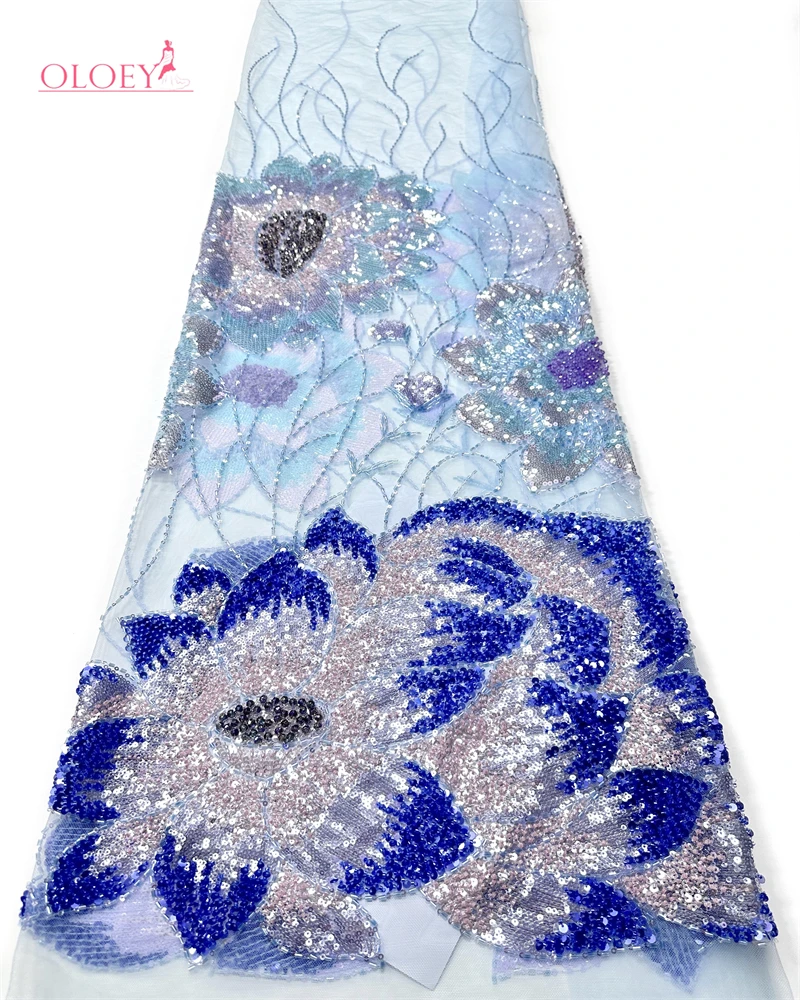 

OLOEY High-Quality Luxury Beaded African Lace Fabric with Sequins Embroidery French Lace Latest Design for Nigerian Sewing