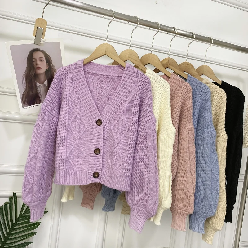 

Sweet V-Neck Knitted Sweater with Button Loose Long Sleeve Autumn Winter New Style Versatile Casual Fashion Knitwear Coat
