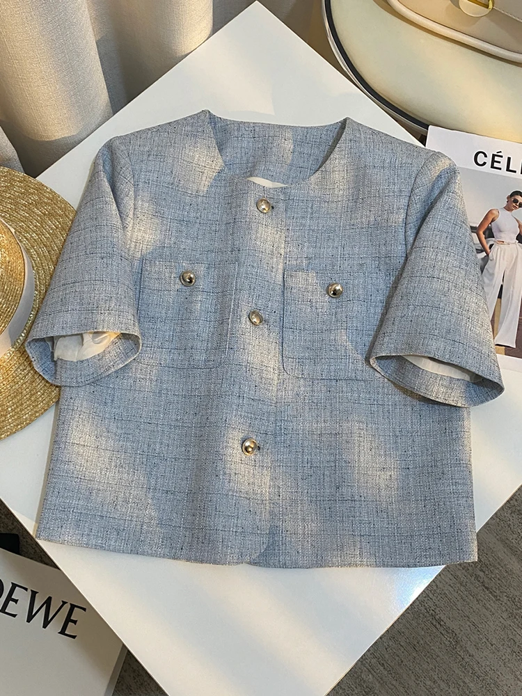 Slim Fit Ort Sve Anzug Jaet Damen Sommer Dünn Lose Personali Ort Länge Top Pendeln Sle rund Ne Knopfverschluss