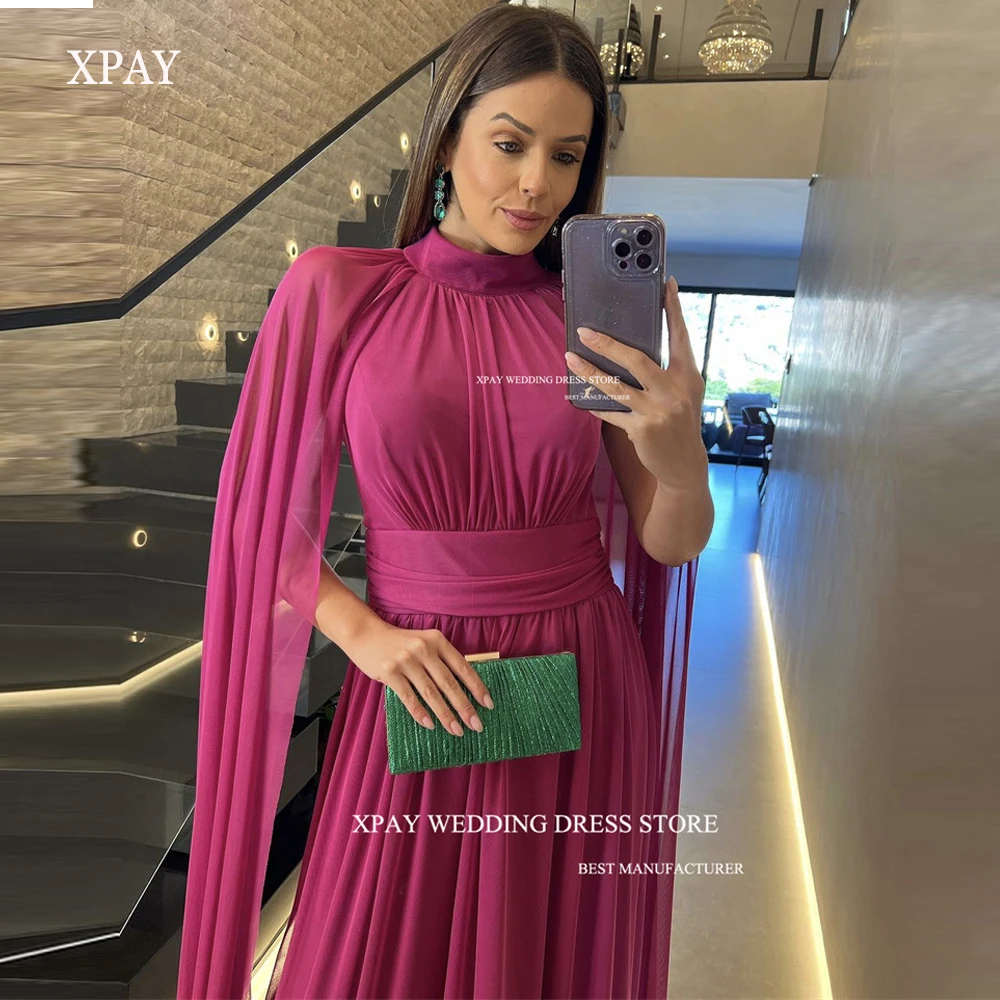 

XPAY Arabic Women Simple Chiffon Evening Dresses High Neck One Cape Sleeve Plus Size Purple Green Prom gowns Formal Party Dress