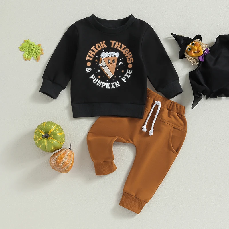 

2023-06-28 Lioraitiin 0-3Years Toddler Boys Halloween Sets Long Sleeve Letter Pumpkin Pie Print Sweatshirt Tops Drawstring Pant