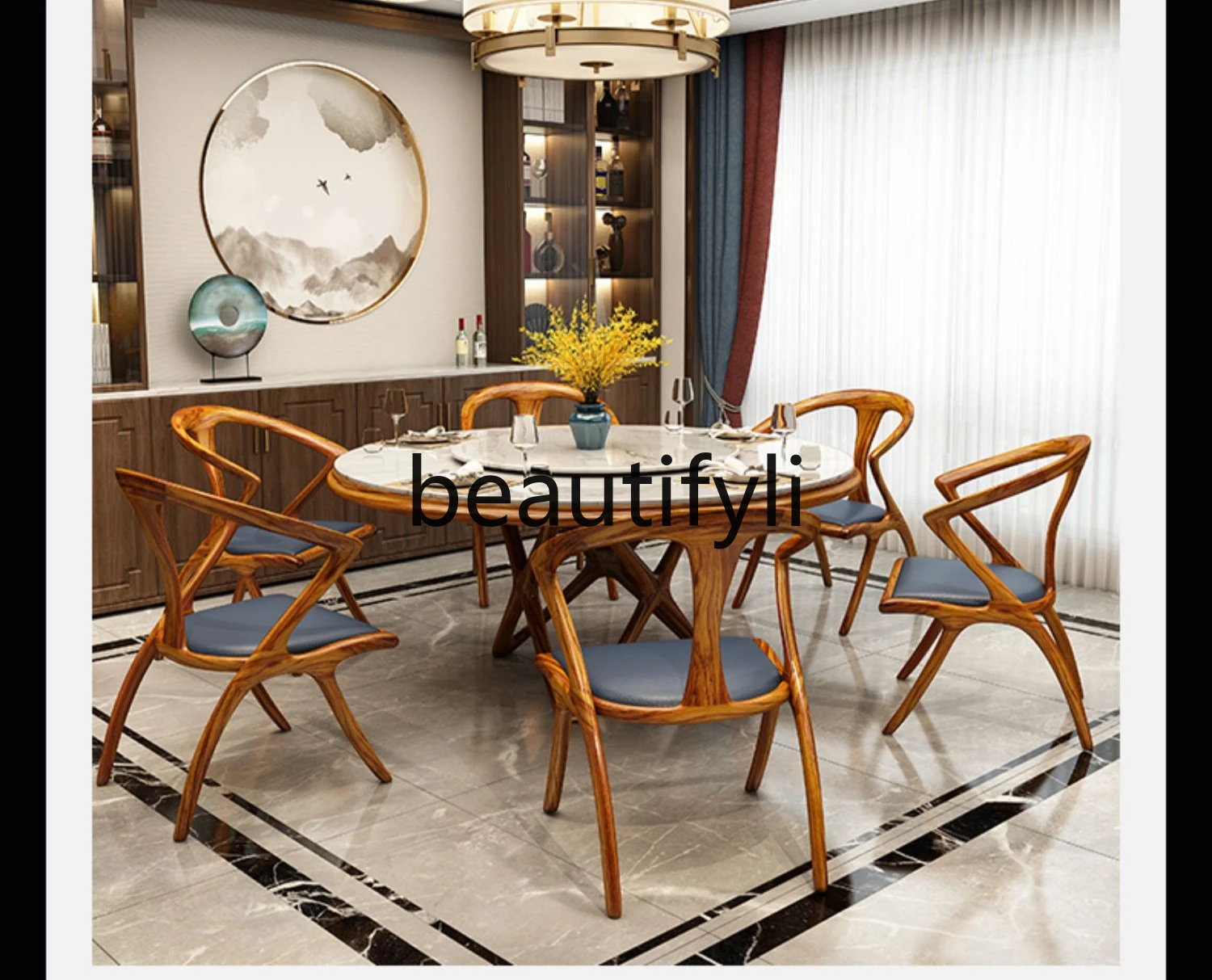 

Household new Chinese solid wood round dining table with turntable, one table and six chairs