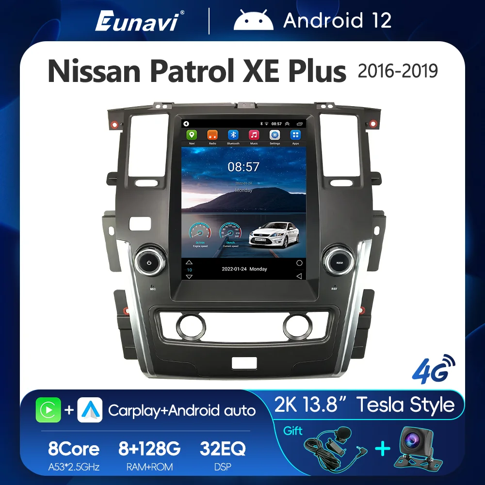 Eunavi 13.8inch 2K Car Radio Android 12 Tesla Style GPS Multimedia Player For Nissan Patrol XE Plus 2016-2019 DSP Carplay