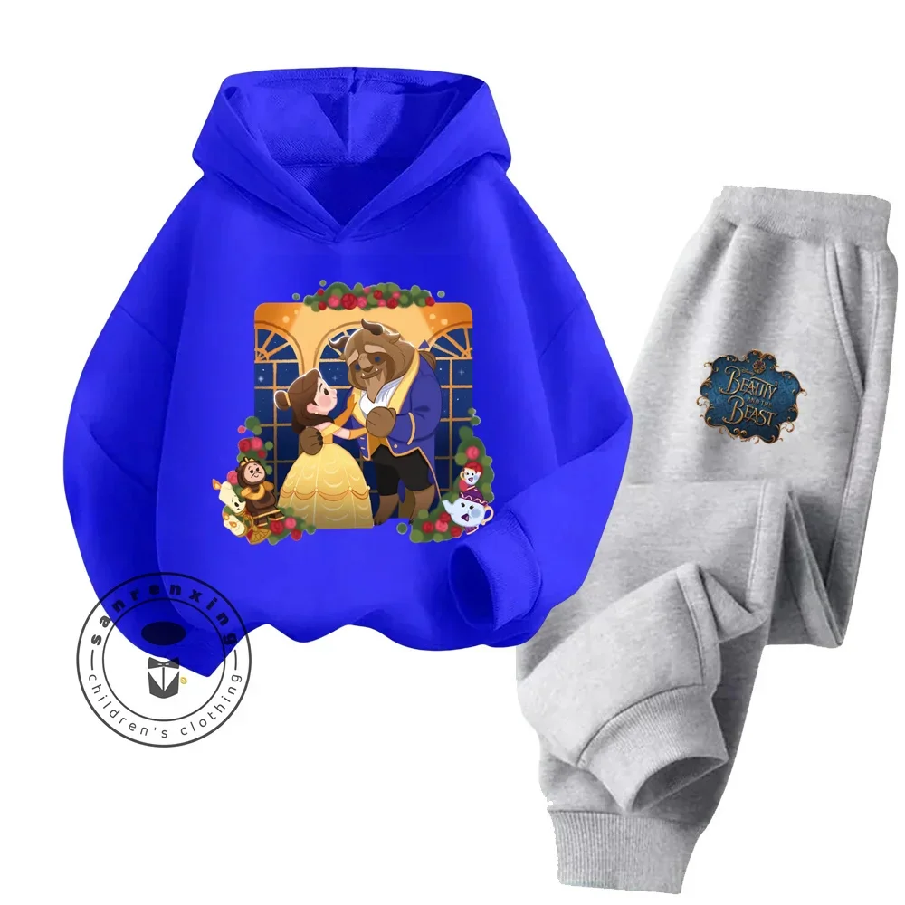 Kawaii Beauty and the Beast Cartoon Street Fashion Sets Elastic Long Sleeve Clothing for Boy Girl Autumn Winter Kids Hoodie Sets