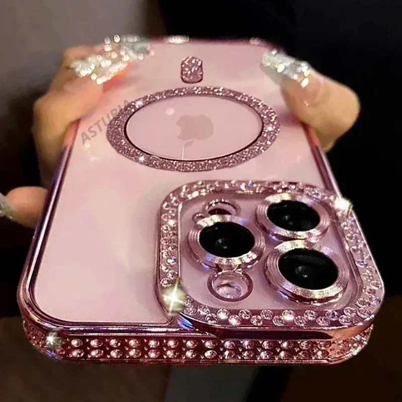 2024 New Fashion Glitter Diamond Transparent Case For iPhone 16 15 14 Plus 13 12 11 Pro Max Magnetic Wireless Charge Back Cover