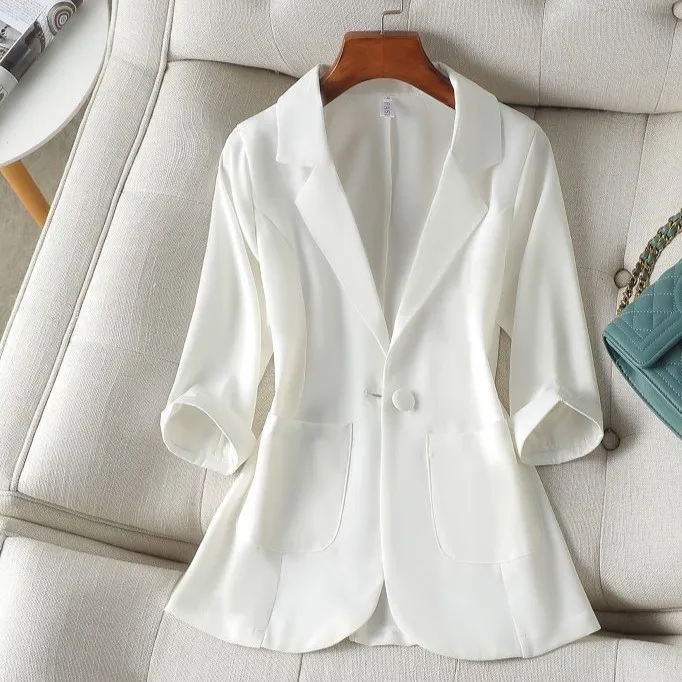 

Blazer Youthful Woman Clothes Ribbons V-Collar Sophisticated Straps Three-Quarter Sensibility Colored Fold Strand Stunning Star