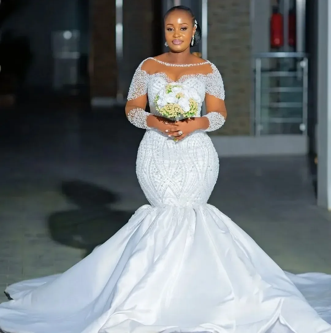 Customized African Sparkly Pearls Beads Charming Wedding Dress Robe De Mariée  Mermaid Illusion Full Sleeves Bridal Gown