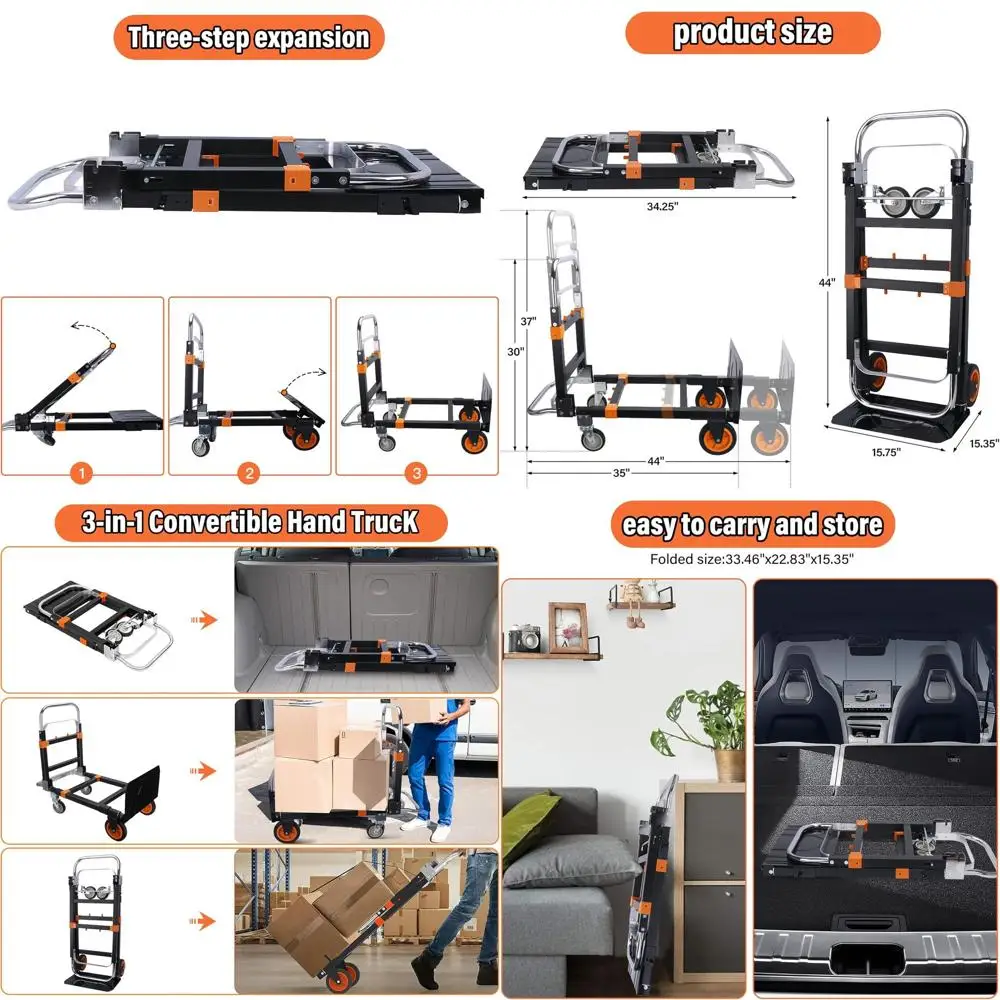 

Enhanced 3-in-1 Folding Hand Truck, 500lb Load Capacity, Heavy-Duty Telescopic Dolly with Rubber Wheels for Moving, Office, Ware