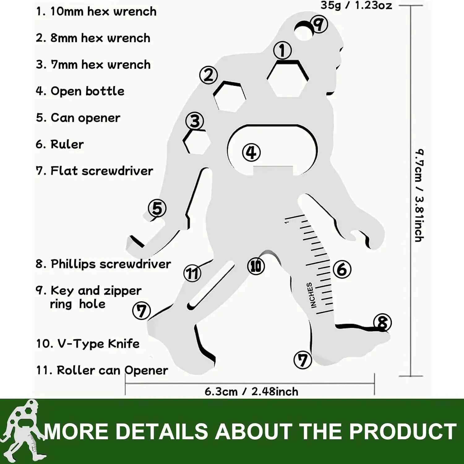 قطعة واحدة من بطاقة أدوات متعددة الوظائف من الفولاذ المقاوم للصدأ في الهواء الطلق، بطاقة أدوات قلادة المفاتيح، أداة عالمية #5