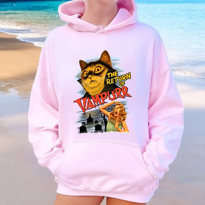 O Retorno de Vampurr Halloween Impresso Hoodies Femininos, Moletom de Pelúcia, Tops Soltos, Outono e Inverno