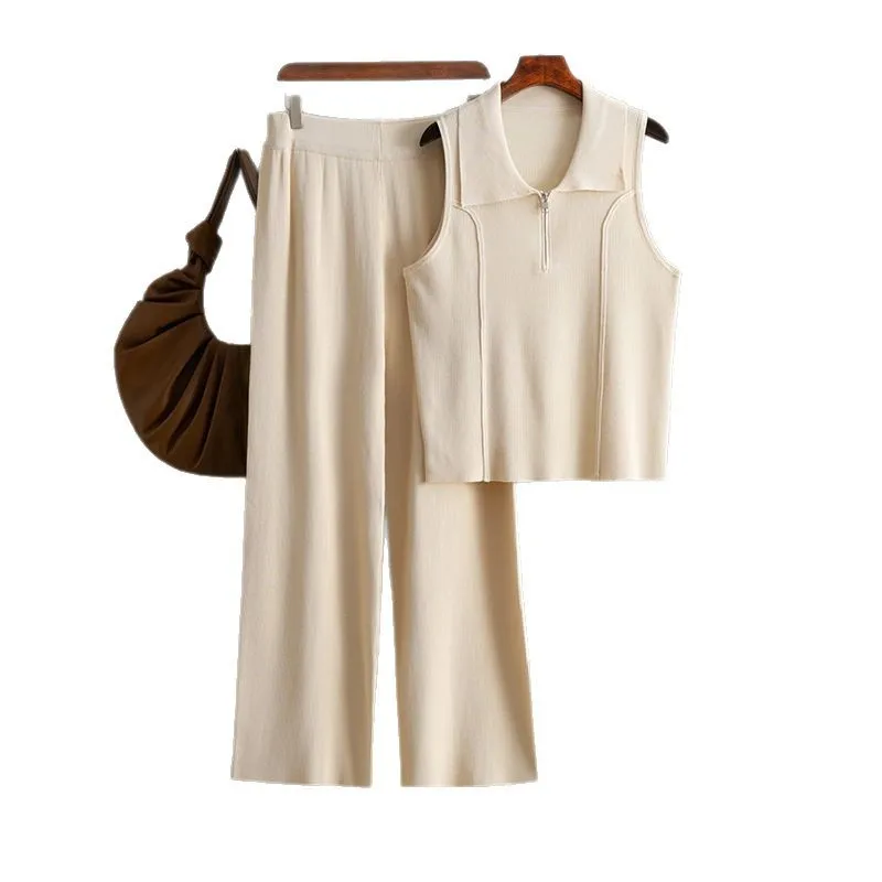Knit Vest Suit Women 2 Piece Sets Knitted Tank Top Wide Leg Pants Ensemble Turn Down Collar Sleeveless 2025 Summer Outfits