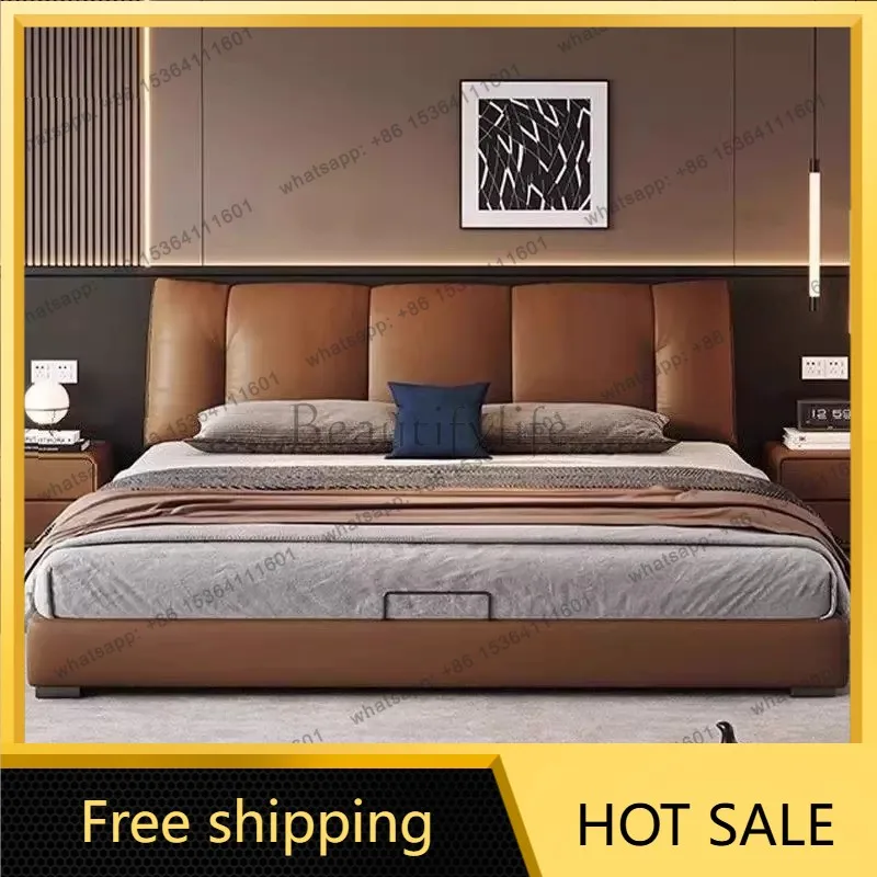 LSModern Minimalism Genuine leather bed Master bedroom high-end and atmospheric Double Bed Soft Package Storage Wedding Bed