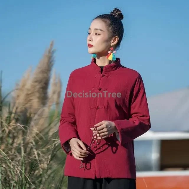 

2025 chinese style cotton linen women's garment winter ethnic style retro zen disc buckle tang suit coat quilted thicken jacket