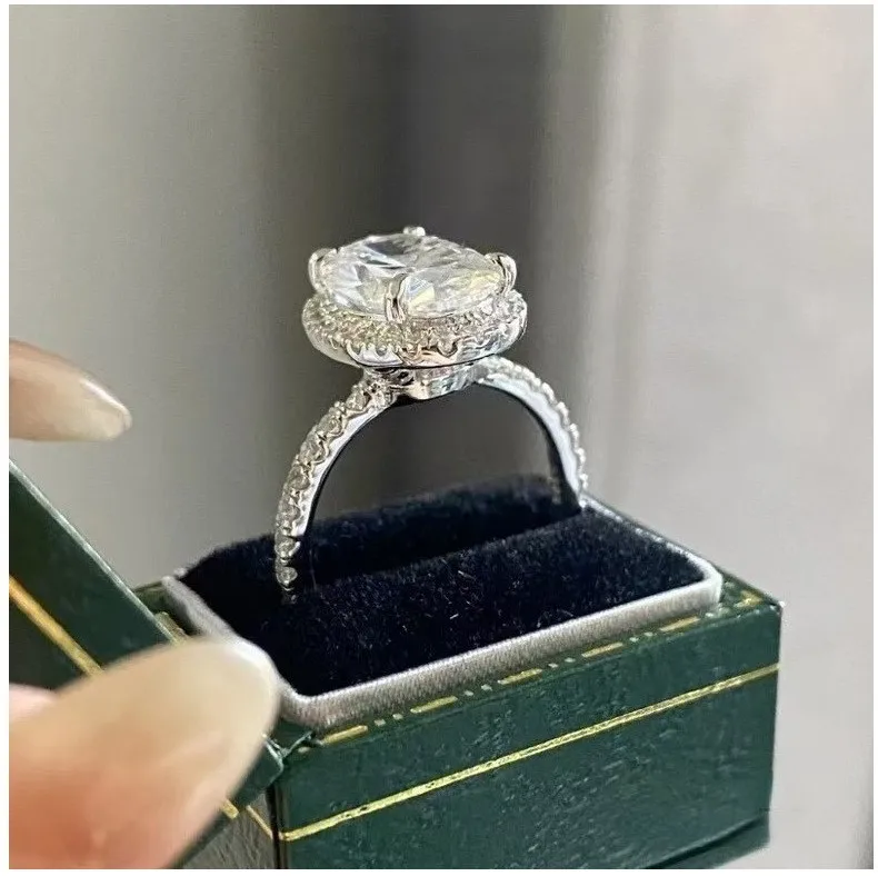 

luxury 18K white gold and platinum PT950 pigeon egg light bulb pure round ring for women 3carats moissanite diamond fine jewelry