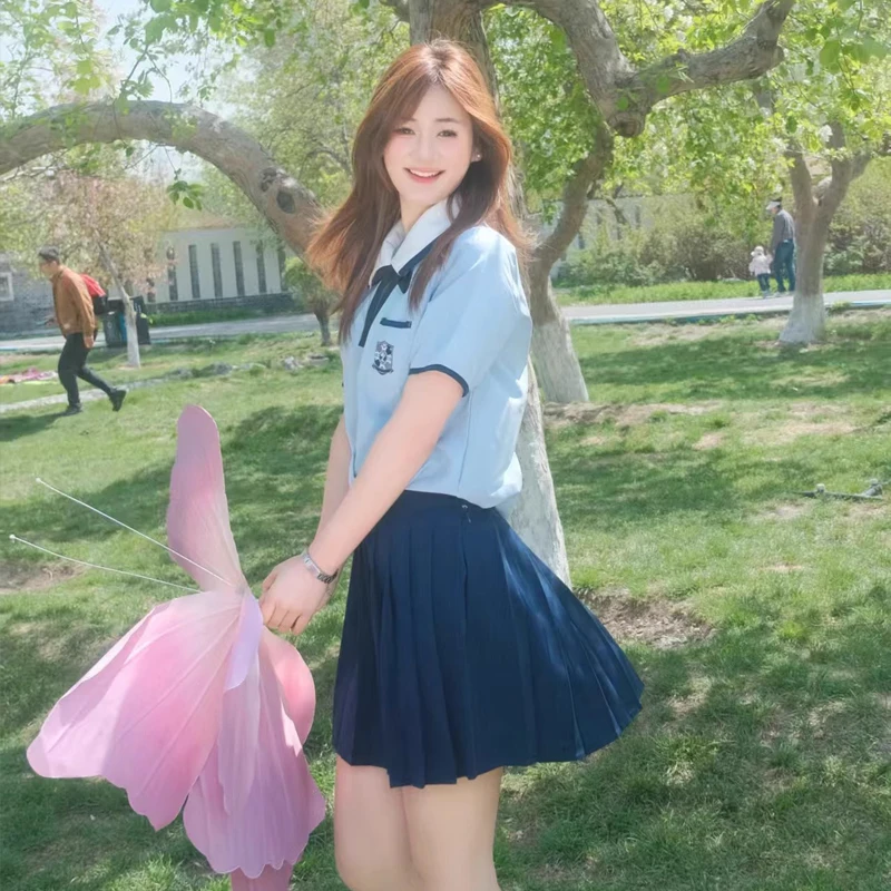Uniforme cinese Studente delle scuole superiori Uniformi coreane Jk Set a maniche corte per ragazze Abiti scolastici di Taiwan Camicia da marinaio blu