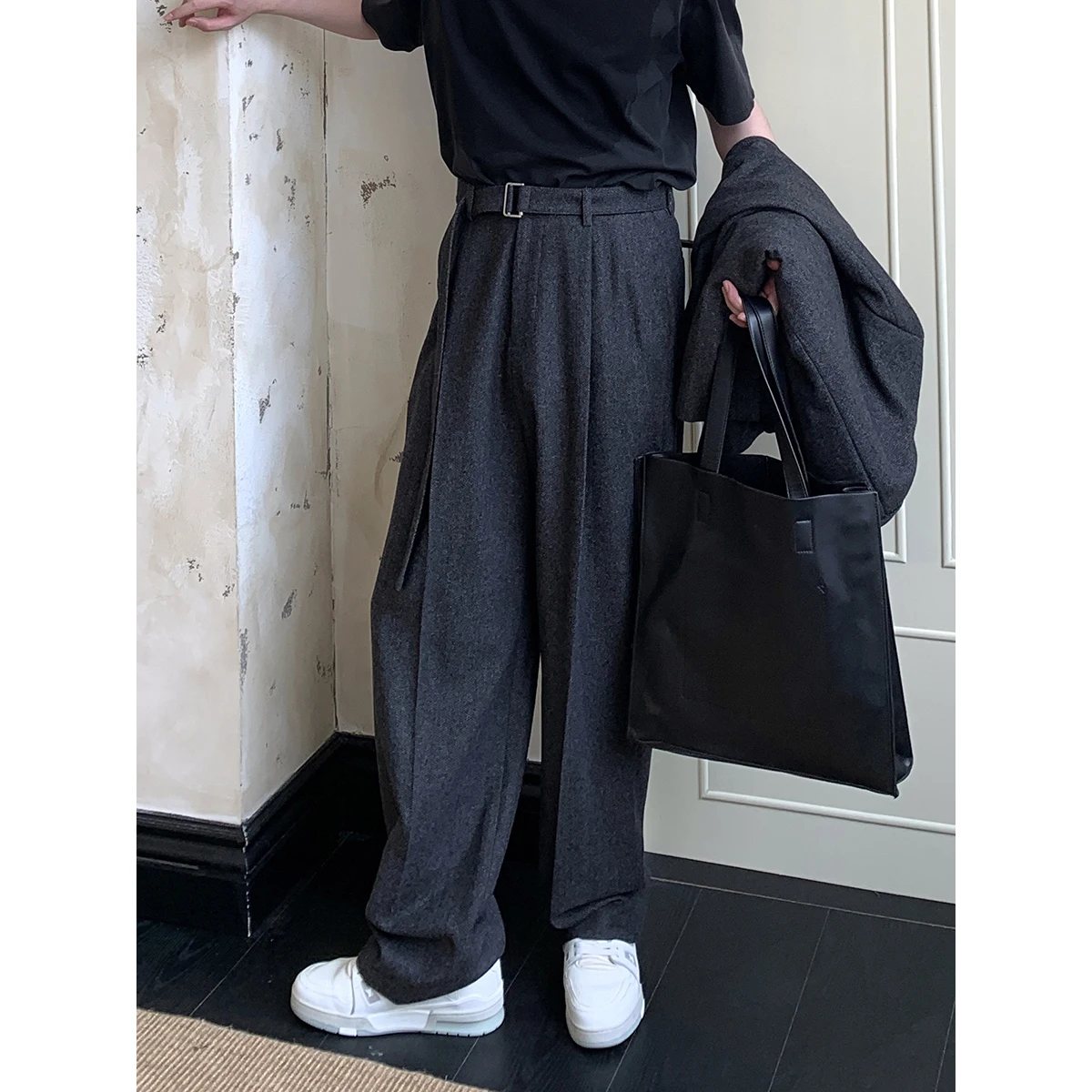 Men Autumn Winter 50% Wool with Belt Loose Causal Korean Fashion Thicken Wide Leg Suit Pant Commuter Man Straight Baggy Trousers