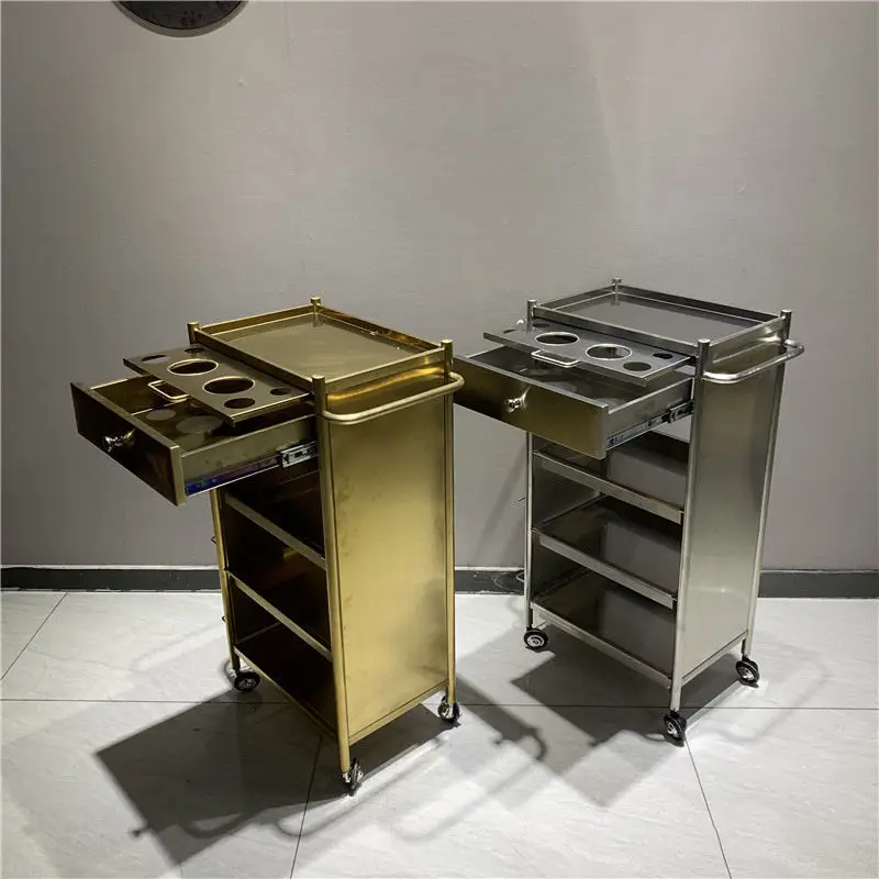 

Luxury Beauty Salon Equipment Hair Salon Working Trolley Gold Stainless Steel Hair Salon Ironing Trolley Beauty Cart
