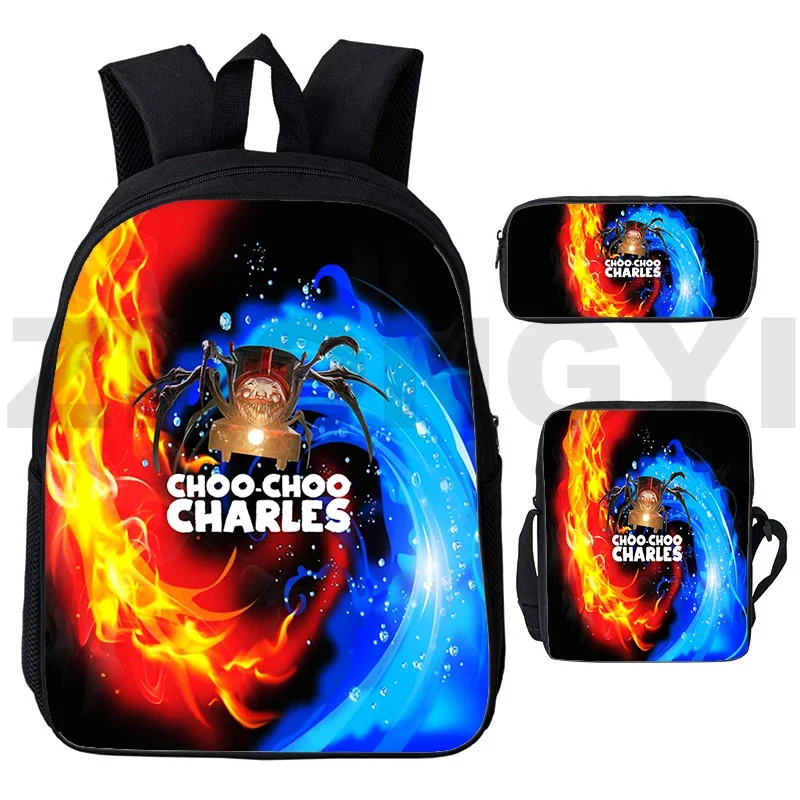 Waterproof Canvas Student Choo-Choo Charles 3D Backpack Zipper Cartoon Printing Schoolbags for Girls 3 Pcs/Set Anime Pencil Case