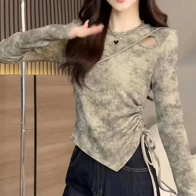 Spring Autumn Long Sleeve Irregular Drawstring Tie Dye Hollow Out Trend Tops Loose Casual T Shirts Fashion Korean Women Clothing