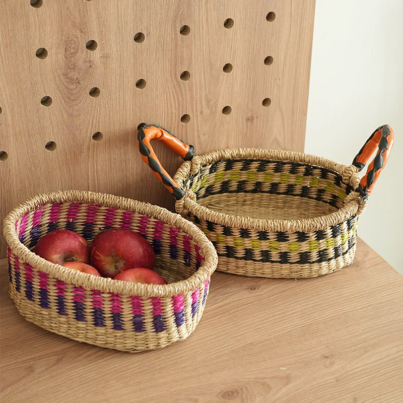 

Colorful Seagrass Storage Basket - Handwoven Desk Organizer, Fruit & Picnic Snack Tray - Boho Chic Home Beachy Chic Table Decor