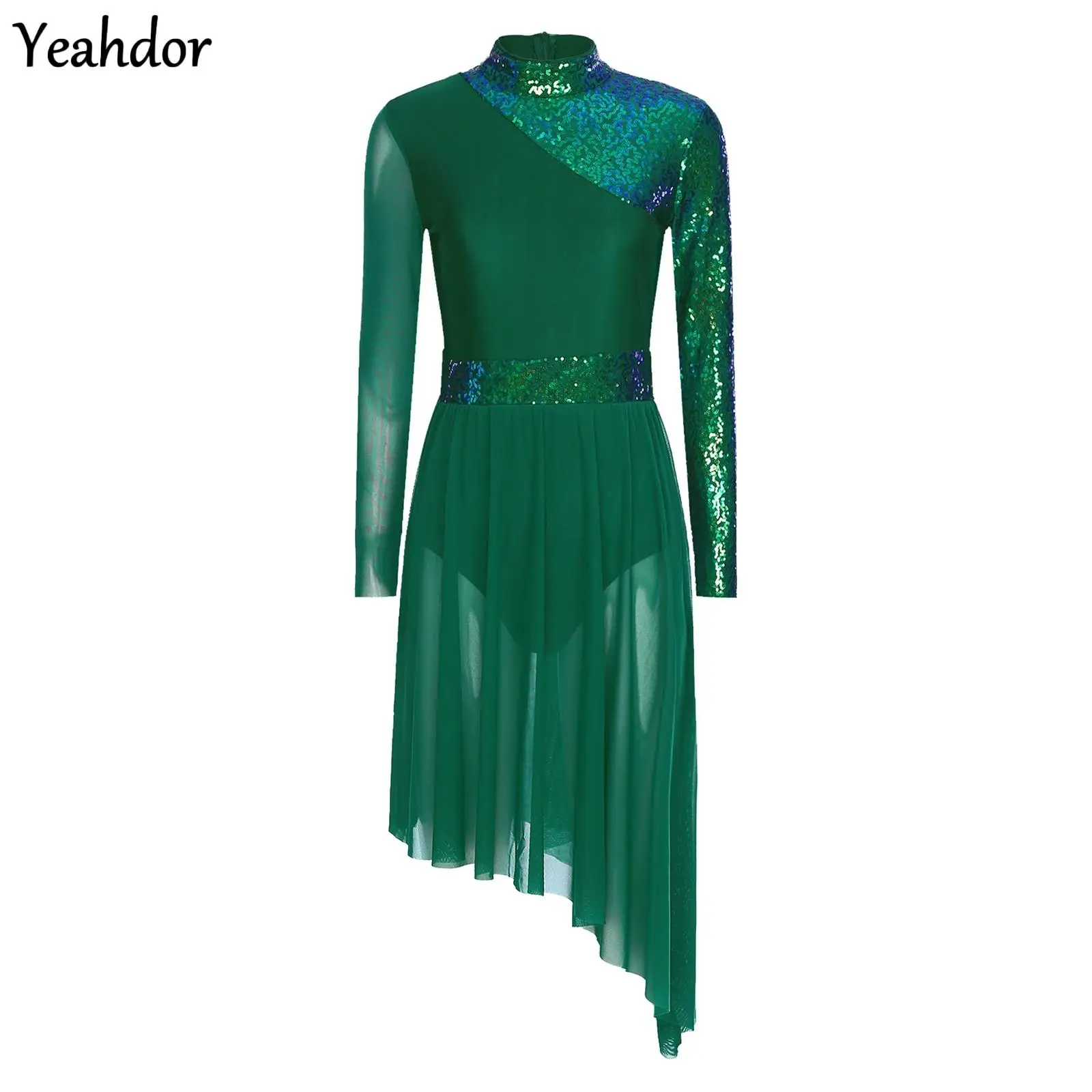 

Womens Sparkly Sequin Lyrical Dance Dress Long Sleeve Irregular Hem Gymnastics Ballet Leotard Dress Modern Contemporary Dancewea