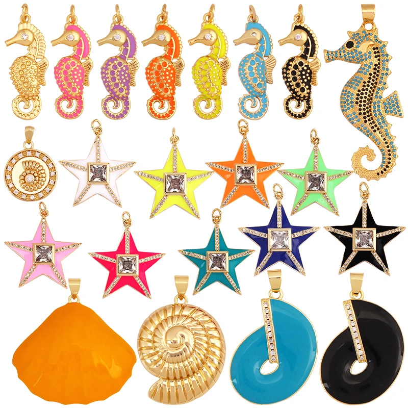 

Ocean Five Star Scallop Starfish Dolphin Seahorse Charm Pendant Oil Dropped,Gold Plated Colour Necklace Bracelet Supply M96 K69