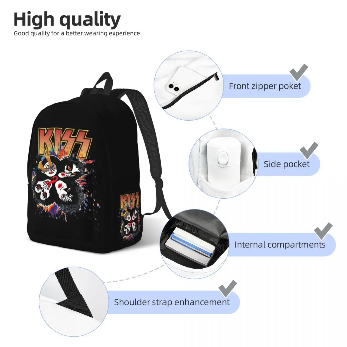 KISS The Band Rock And Roll Over Splash Backpack for Men Women Fashion Student Hiking Daypack Laptop Shoulder Bag with Pocket