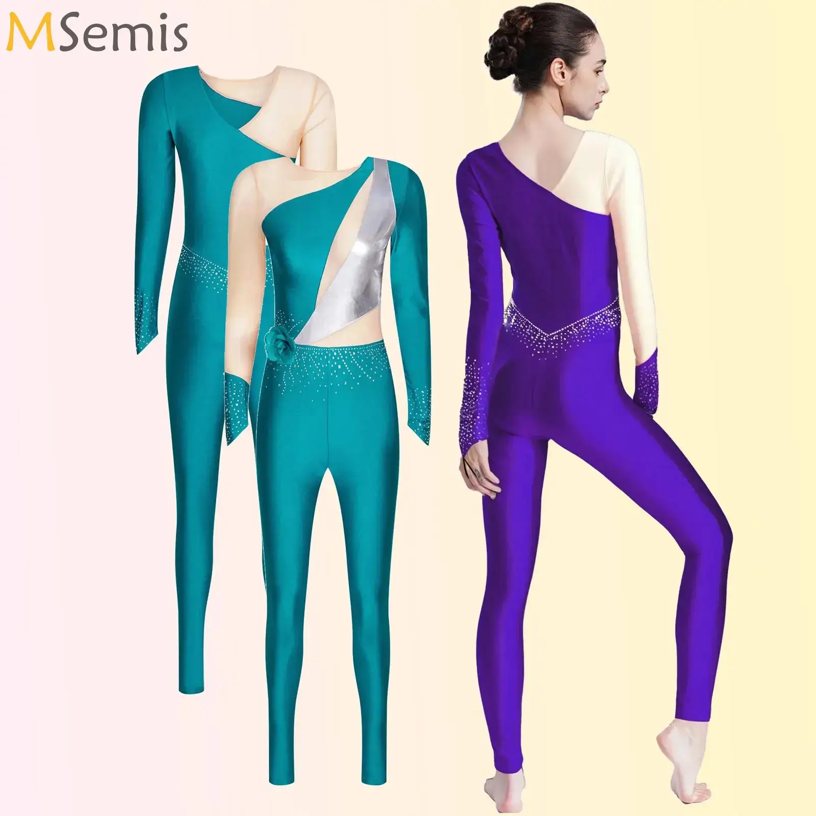 

Women Figure Skating Jumpsuit 3D Flower Pin Metallic Shiny Rhinestone Rompers Bodysuit Rhythmic Gymnastics Jersey Ballet Costume