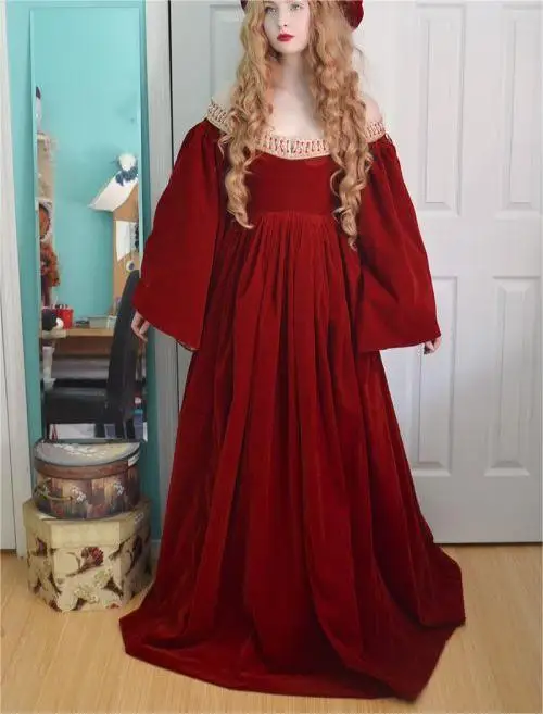 

Medieval Renaissance Red Velvet Dress Adult Women Princess Gothic Red Wedding Dress Gown Custom Made